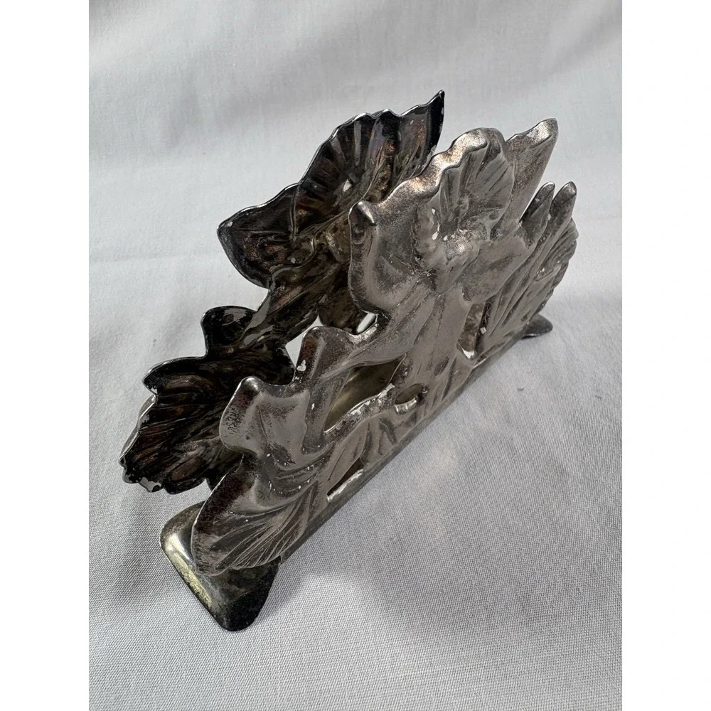 Silverplate Napkin Letter Holder Embossed Floral Motif 5x3x1 Vtg Patina READ